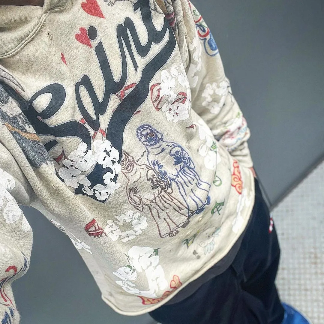 DENIM TEARS × ©SAINT M×××××× "SAINT TEARS" Graffiti Hoodie Joint Model Cotton Graffiti Hoodie Fully Printed Washed Distressed Holes Vintage Sweatshirt Gray S-XL Super Heavy Duty! The whole piece is printed with 35 screens and counterpoint printing!
